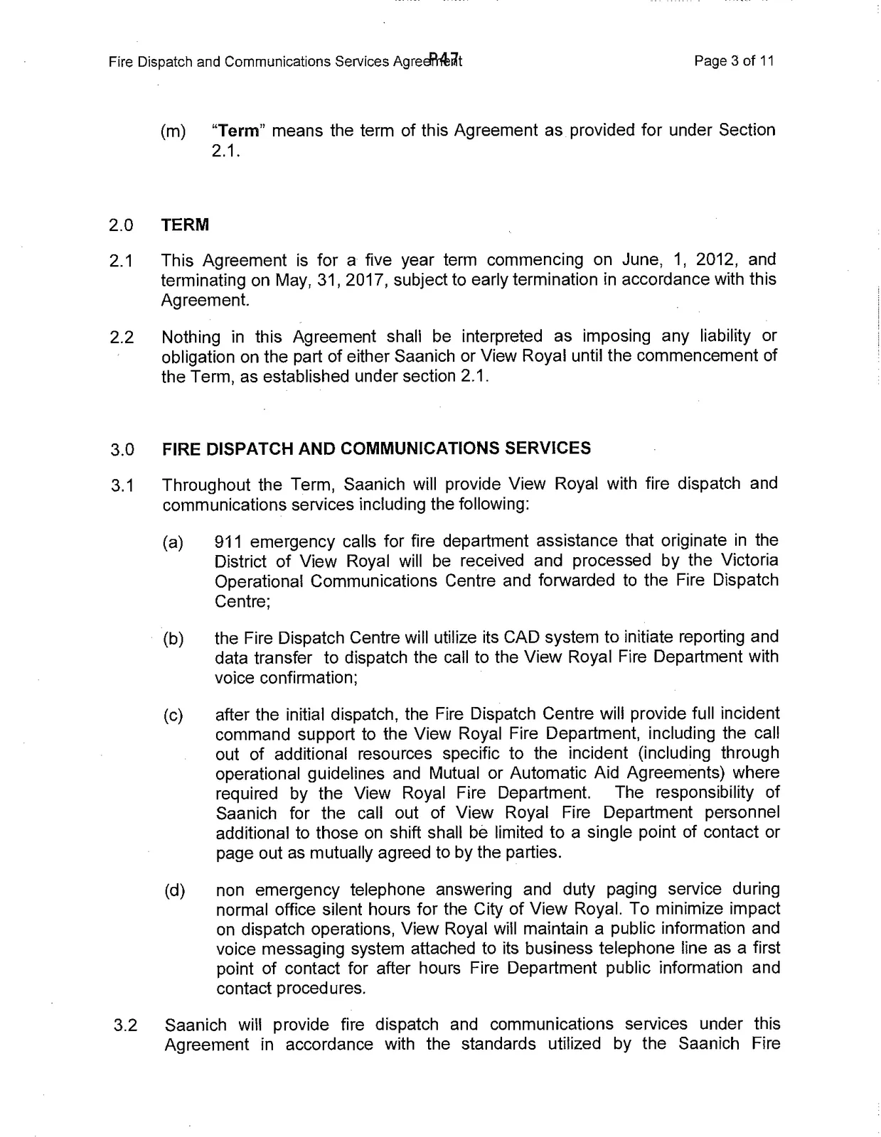 Agreement sections for Term and Fire Dispatch and Communications Services