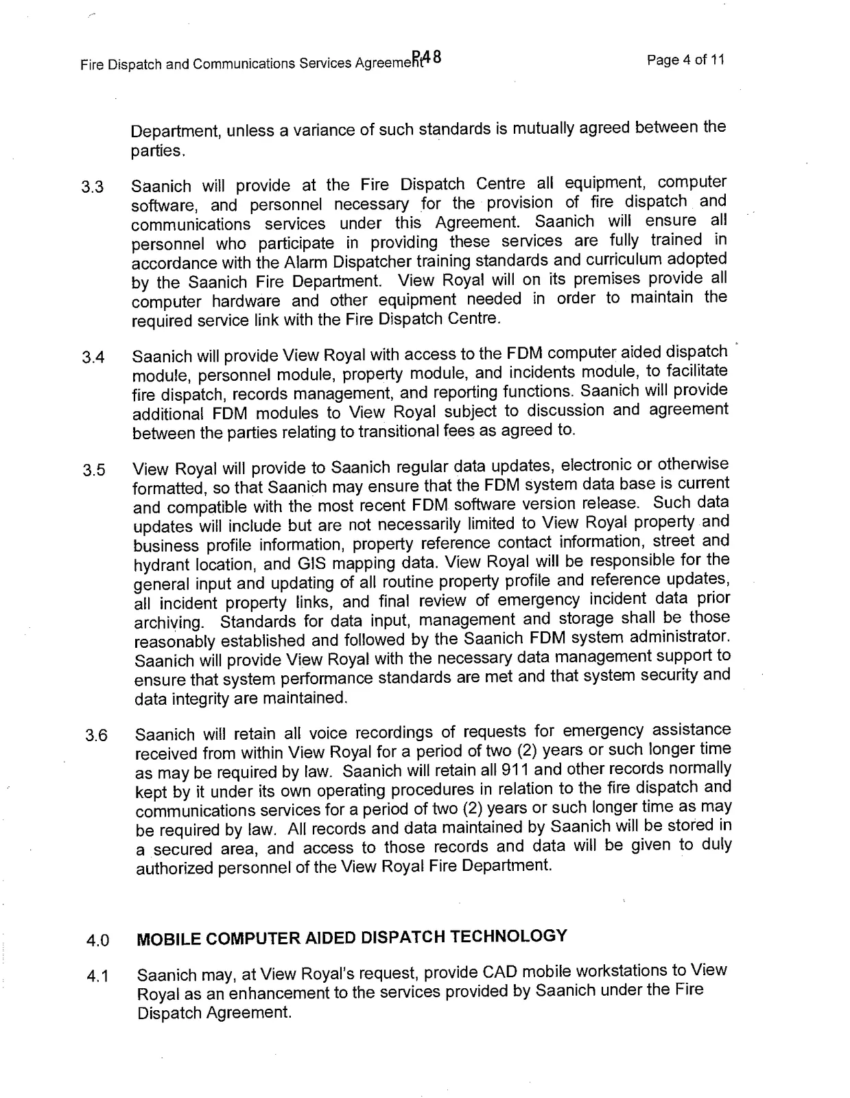 Continuation of Fire Dispatch and Communications Services and Mobile Computer Aided Dispatch Technology sections