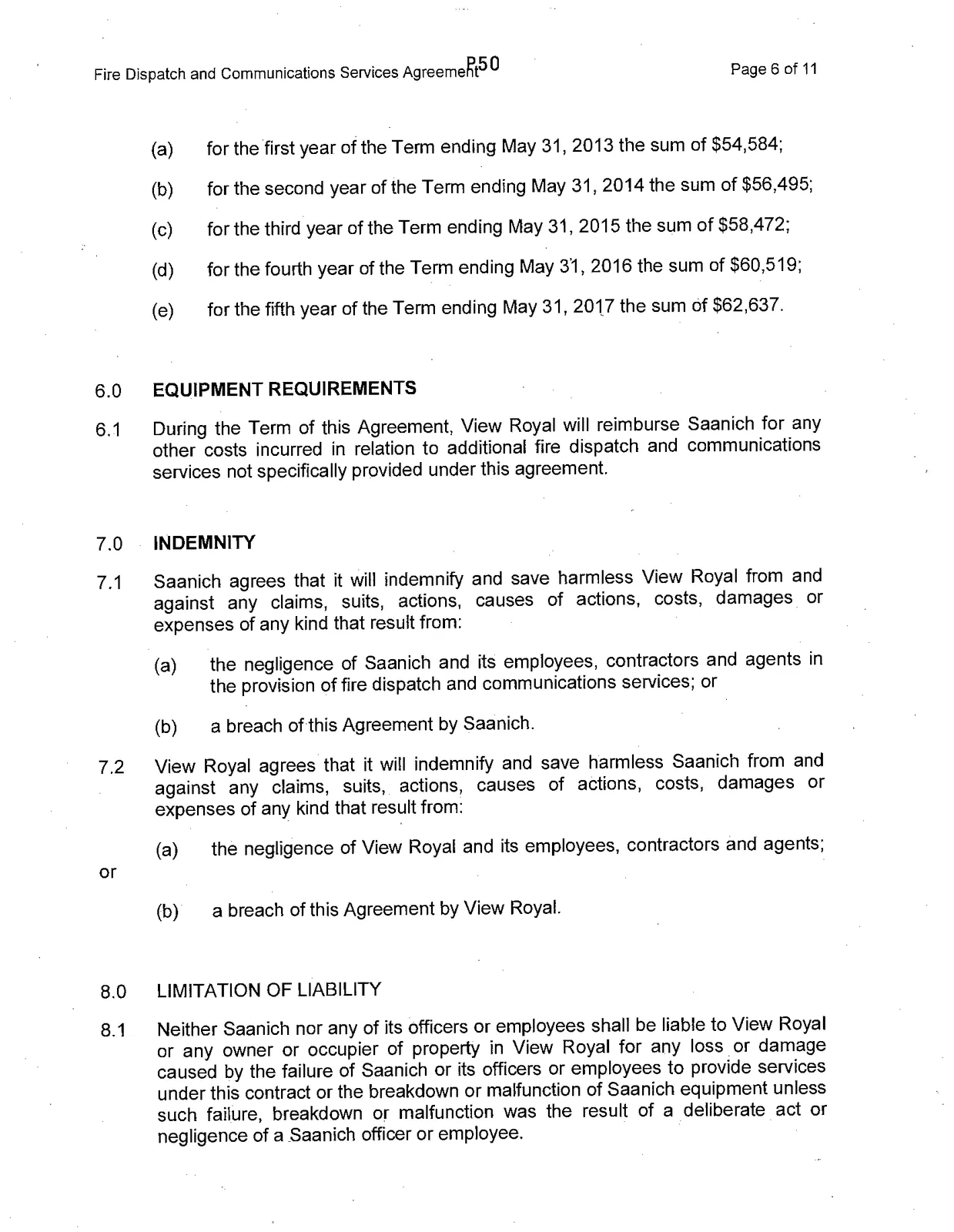 Fee schedule, Equipment Requirements, Indemnity, and Limitation of Liability sections