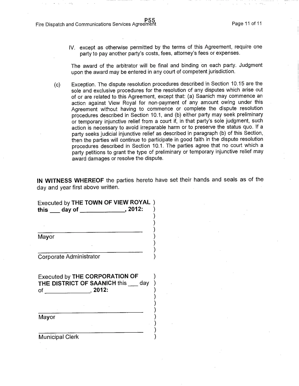 Final page of the Fire Dispatch and Communications Services Agreement including Dispute Resolution and Execution blocks