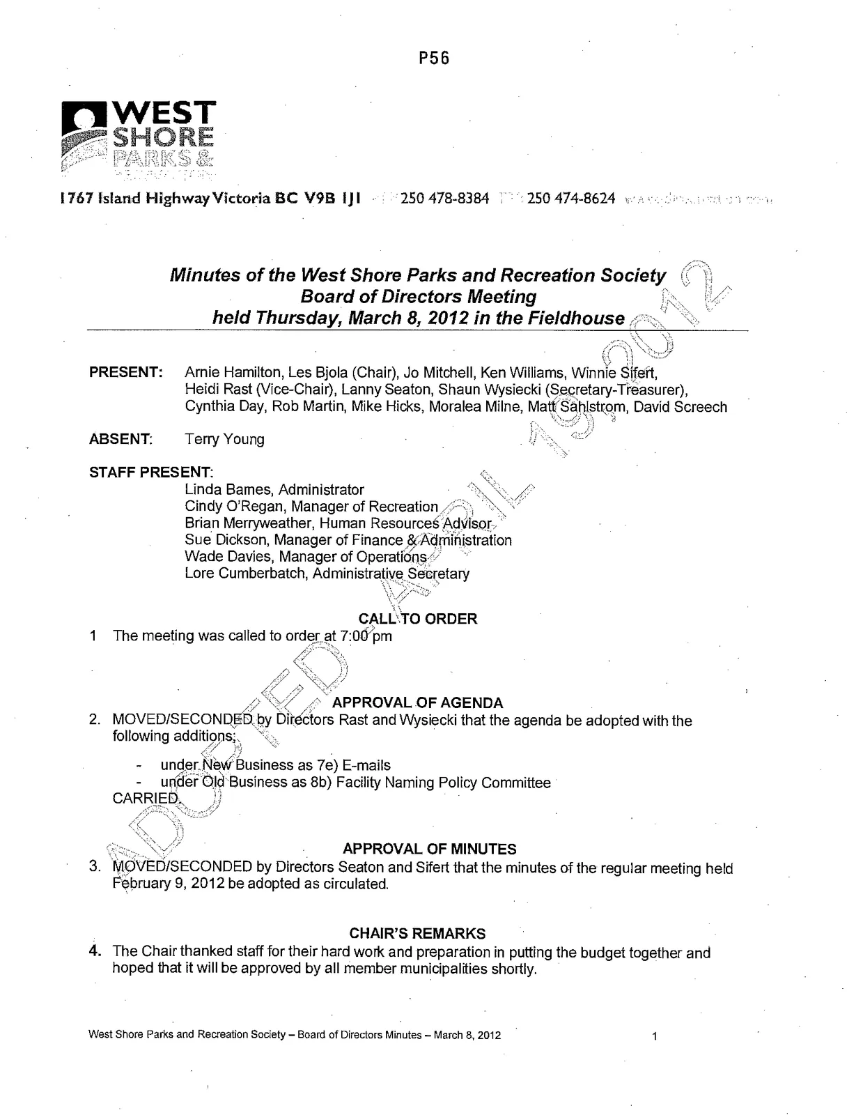 Minutes of the West Shore Parks and Recreation Society Board of Directors Meeting, page 1