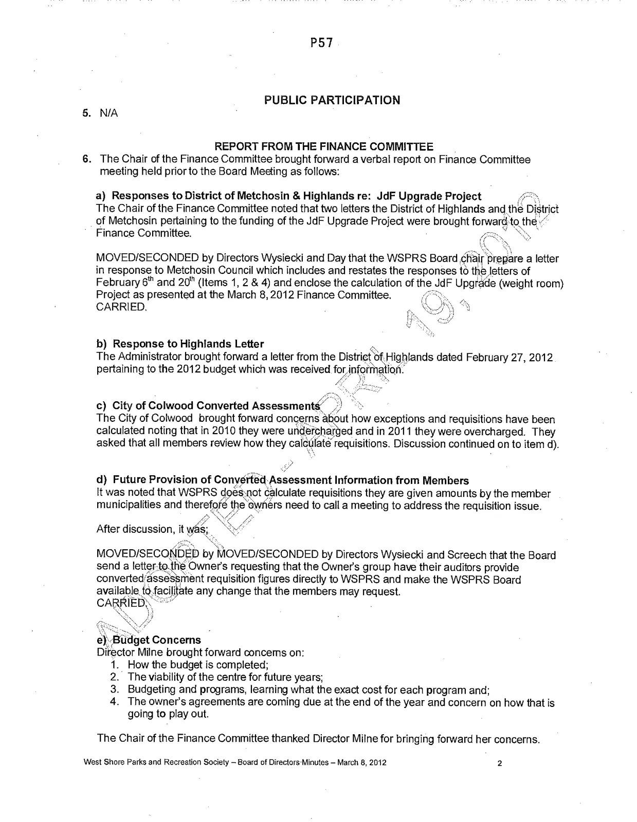 Minutes of the West Shore Parks and Recreation Society Board of Directors Meeting, page 2