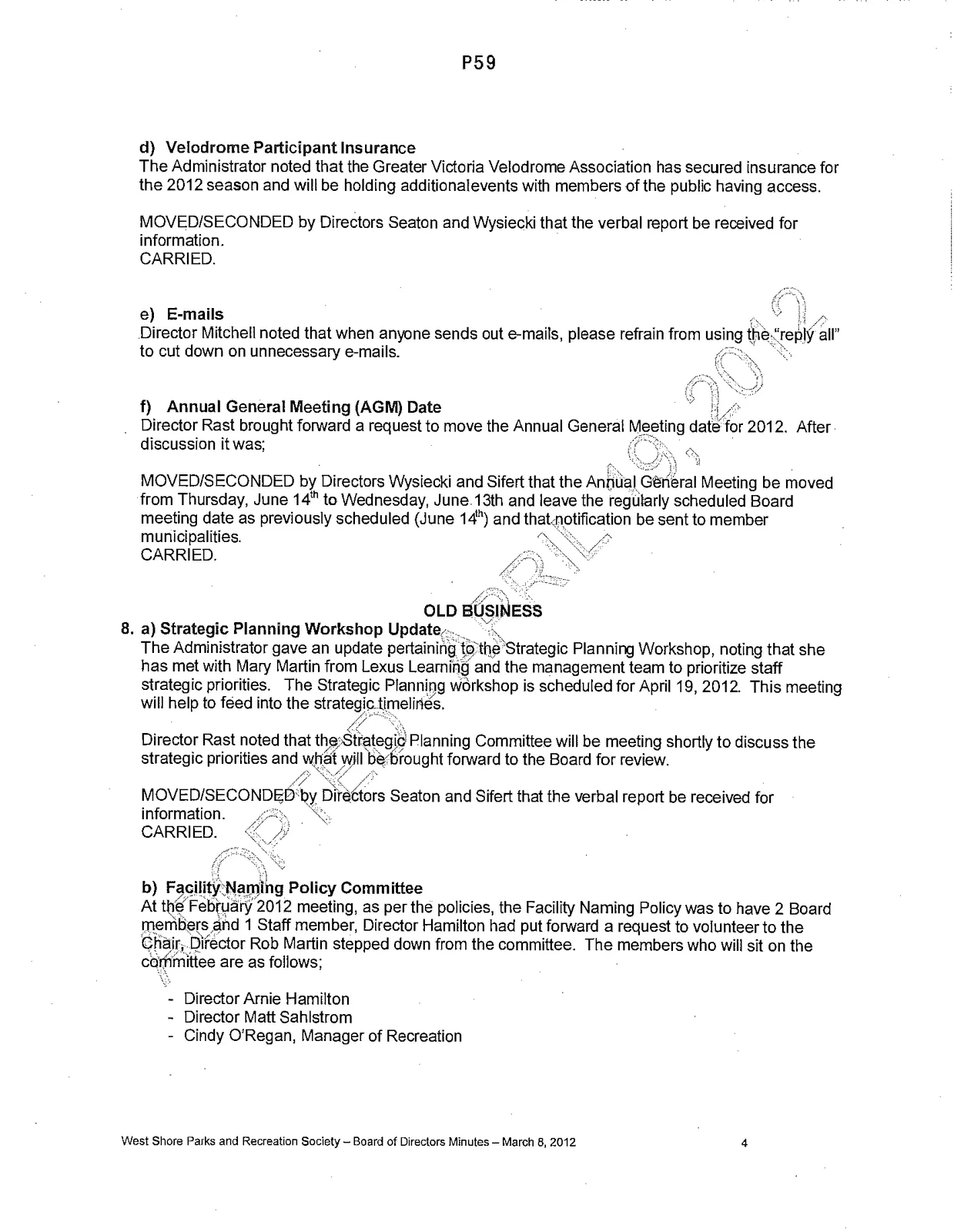 Minutes of the West Shore Parks and Recreation Society Board of Directors Meeting, page 4