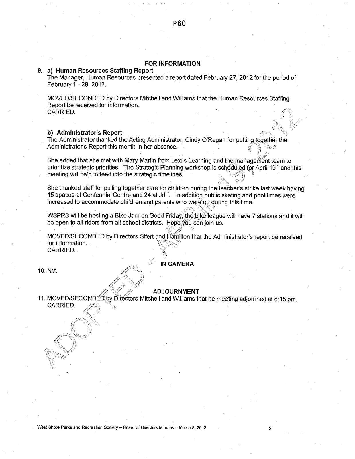 Minutes of the West Shore Parks and Recreation Society Board of Directors Meeting, page 5