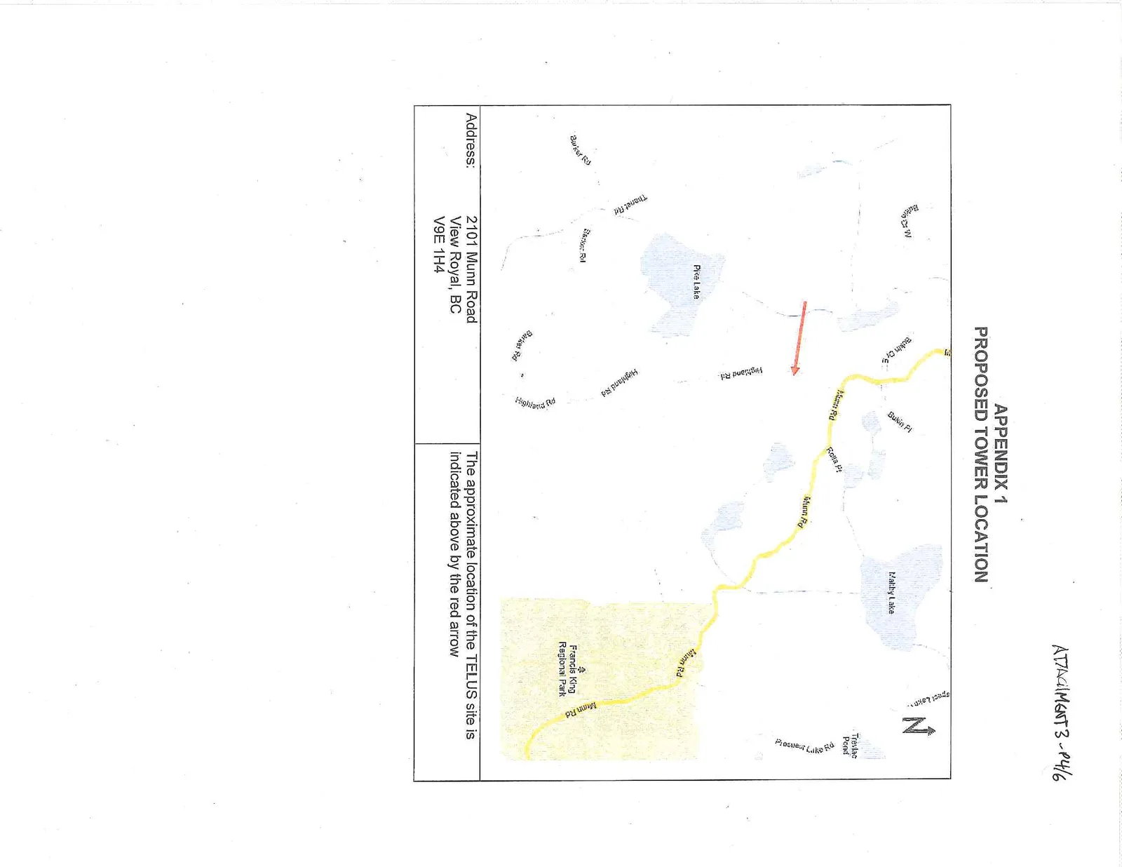 Map showing the proposed tower location at 2101 Munn Road, View Royal, BC, indicated by a red arrow. The map includes local roads such as Munn Road, Bukin Drive, and Highland Road, as well as landmarks like Pike Lake, Maltby Lake, and Francis King Regional Park.