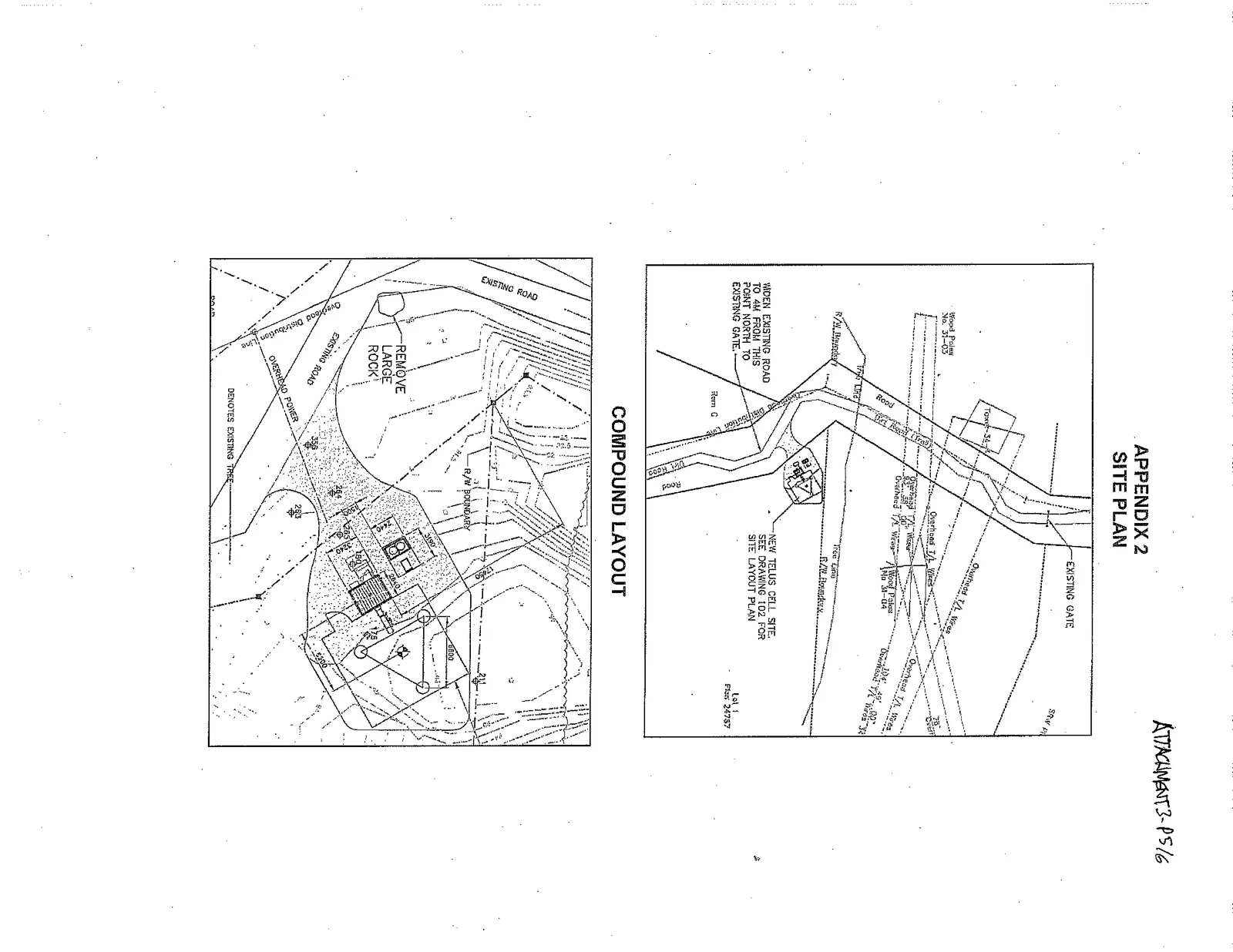 Site plan map showing property boundaries, existing gate, overhead transmission lines, and the proposed location for a new TELUS cell site. A note indicates to widen the existing road to 4m from a specific point north to the existing gate.