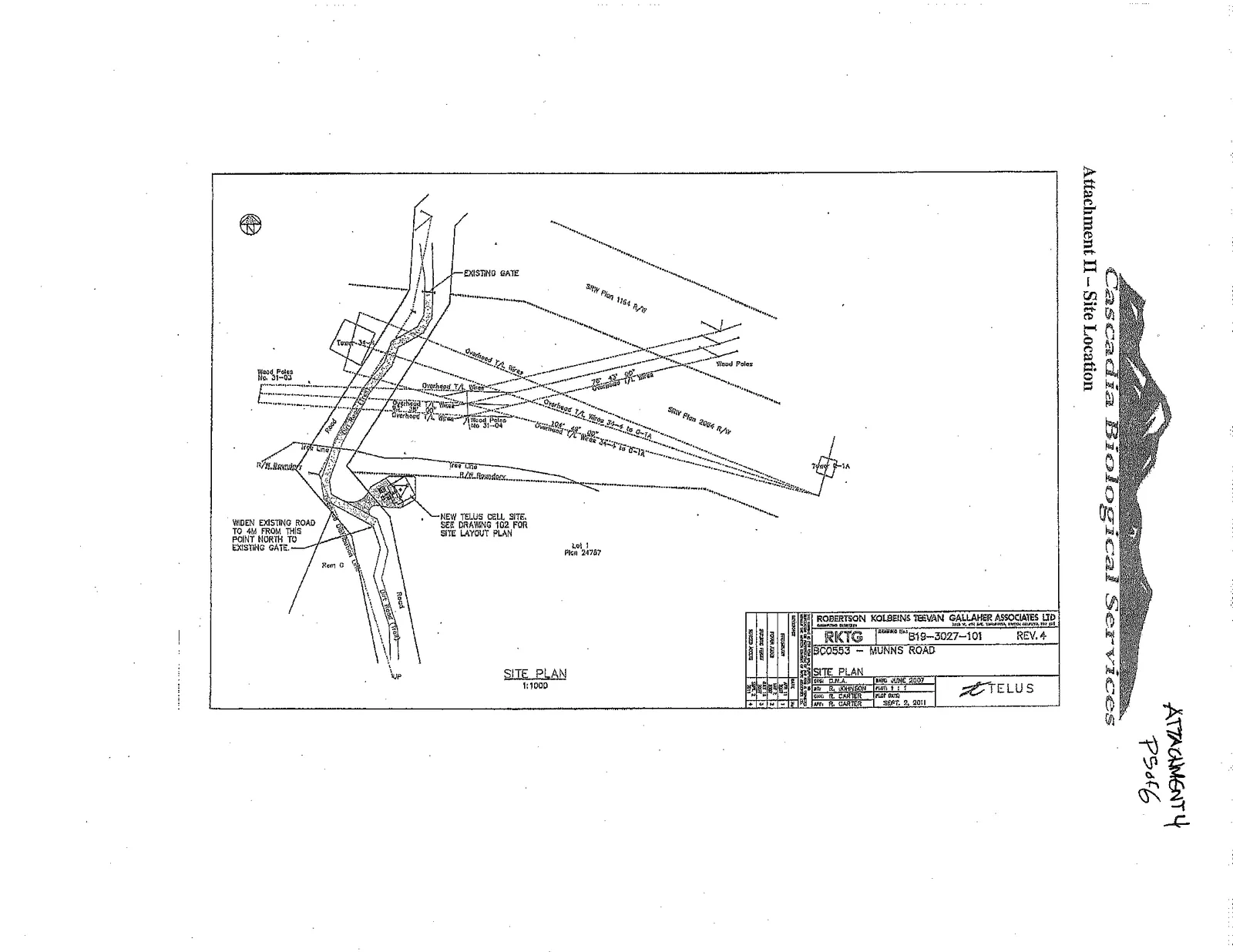 Engineering site plan diagram for BC0553 - Munns Road showing the proposed Telus cell site, access roads, and existing site features