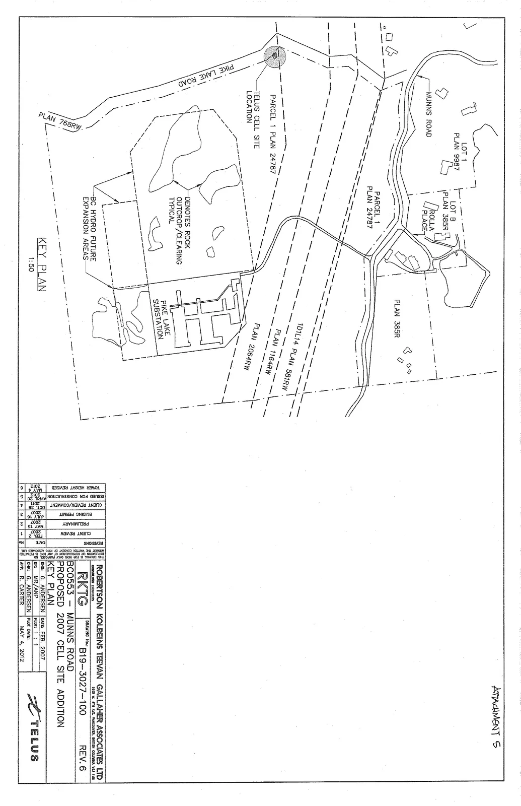 Key Plan map for the proposed Telus cell site addition at Munns Road, showing property parcels, roads, and substation locations.