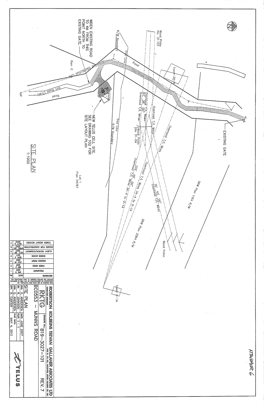 Site plan for new Telus cell site at Munns Road showing property boundaries, roads, and overhead power lines.