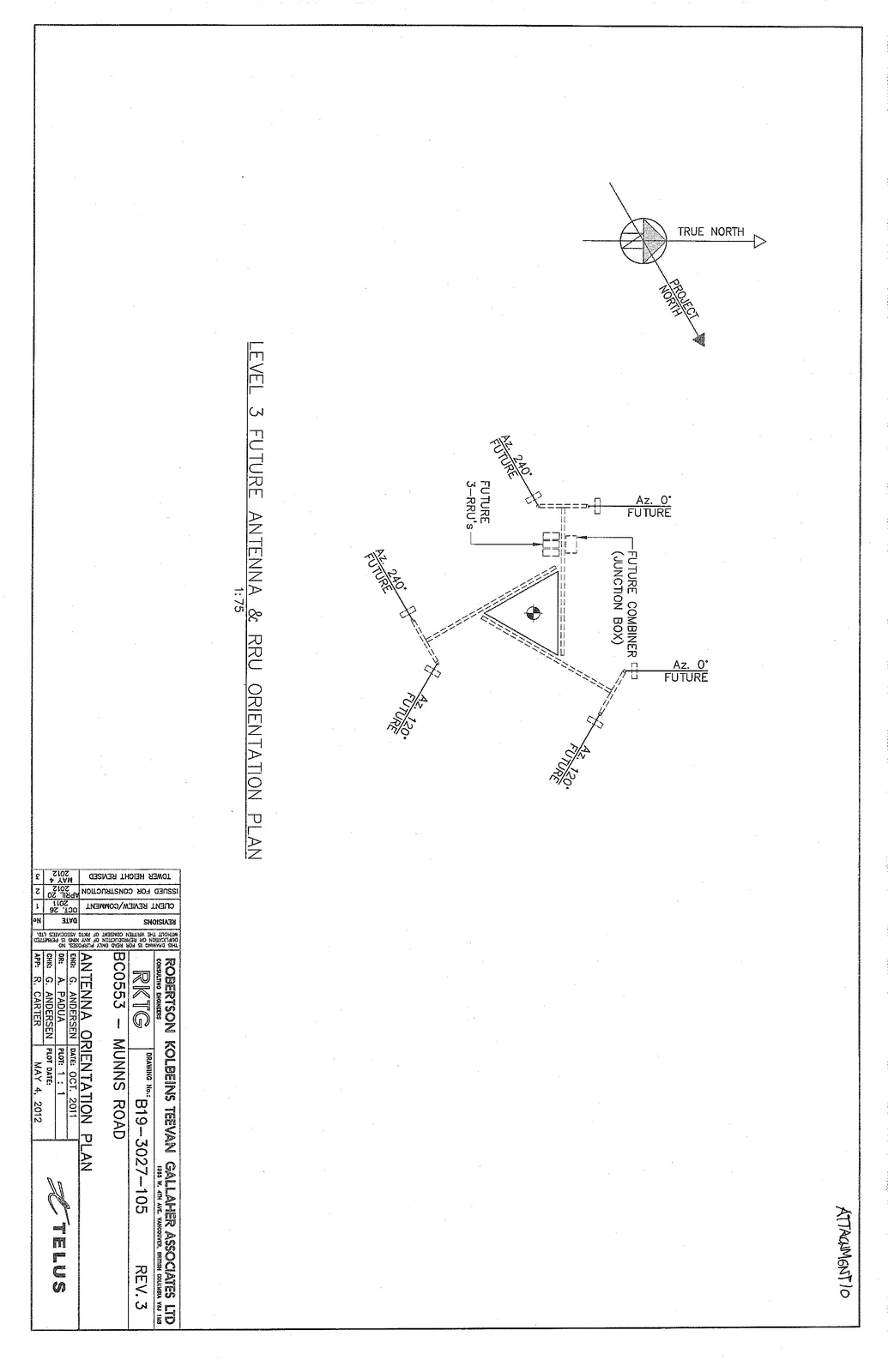 Engineering diagram detailing the orientation of future antennas and remote radio units (RRUs) for project BC0553 at Munns Road. The plan shows future antenna azimuths at 0°, 120°, and 240°, along with locations for a future combiner junction box and three future RRUs. Orientation is shown relative to both True North and Project North.