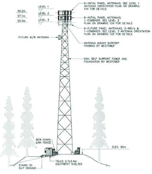 Engineering profile diagram of the proposed 60m self-support lattice tower showing antenna levels at 55.0m, 57.1m, and 59.2m, and the equipment shelter layout