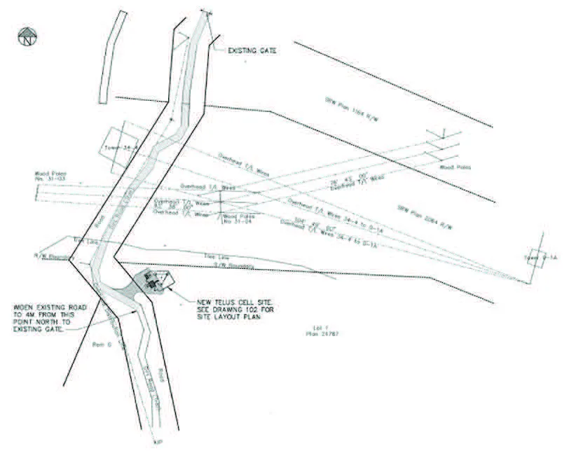Site plan diagram showing the compound layout, existing gate, overhead wires, and access road widening details