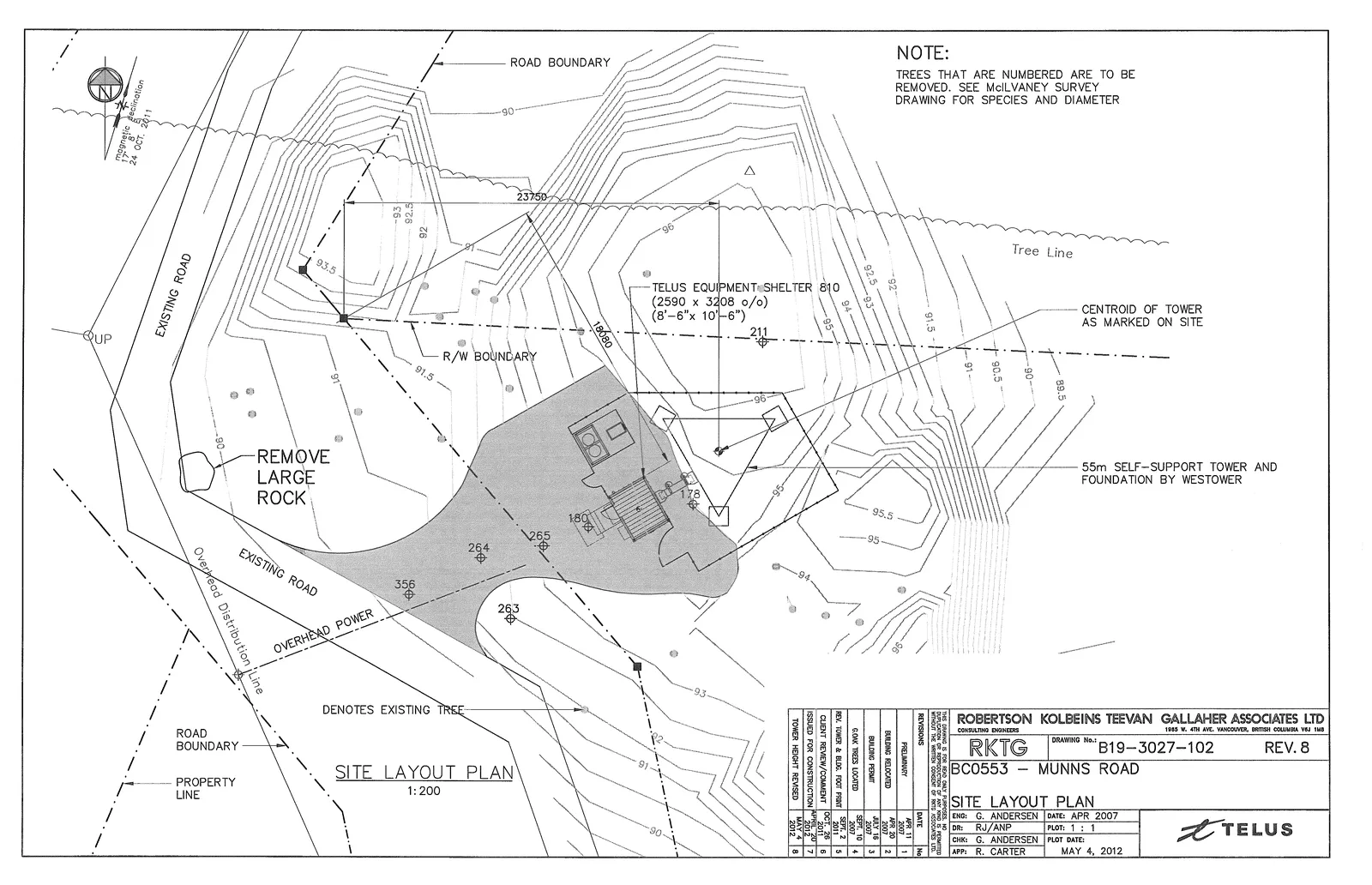 Site Layout Plan for a Telus telecommunications site at Munns Road, showing a detailed topographical map with property lines, road boundaries, existing roads, and overhead power lines. The plan identifies a proposed 55m self-support tower and foundation, an equipment shelter, and specific site actions such as the removal of a large rock and numbered trees.