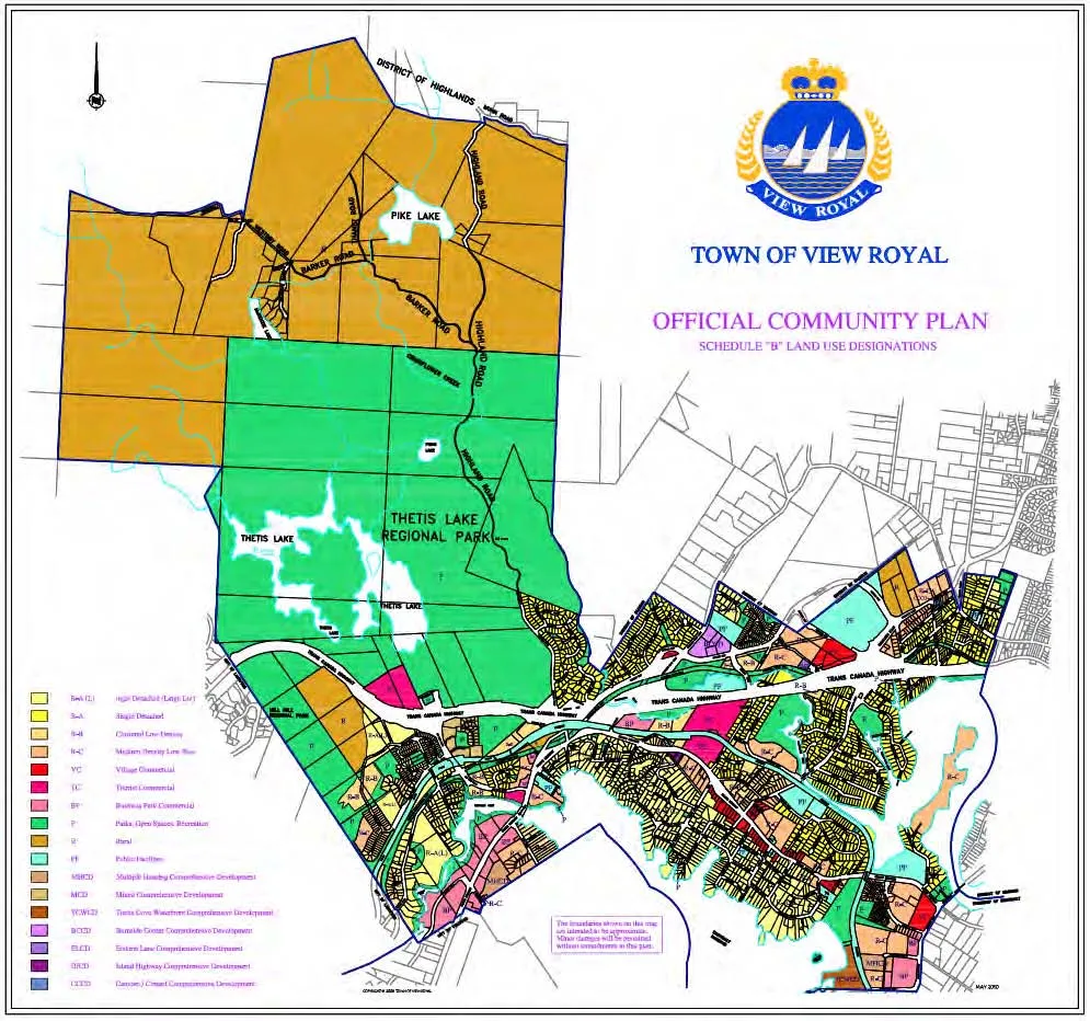 Official Community Plan map for View Royal showing Schedule "B" Land Use Designations including residential, commercial, and park areas like Thetis Lake Regional Park