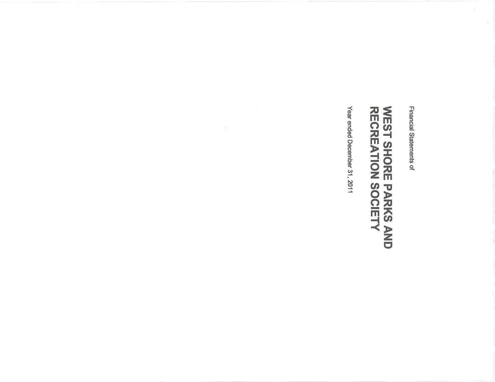 Cover page of the Financial Statements for West Shore Parks and Recreation Society for the year ended December 31, 2011