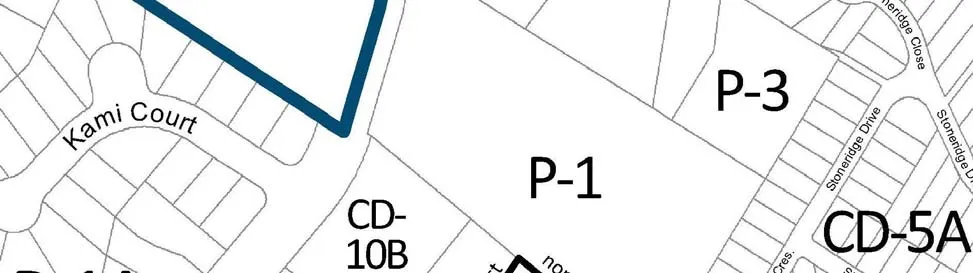 Zoning map detail showing Northern area including zones P-1, P-3, CD-10B, and Kami Court