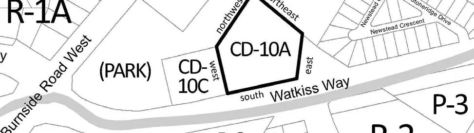 Zoning map detail showing Central area including sub-zone CD-10A, CD-10C, Park area, and Watkiss Way