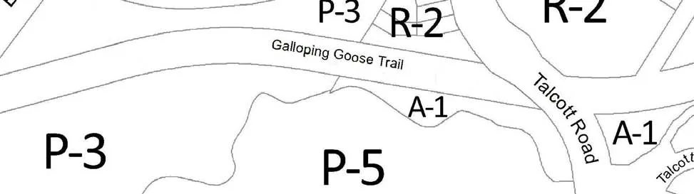 Zoning map detail showing Southern area including Galloping Goose Trail, Talcott Road, and zones P-3, P-5, R-2, and A-1