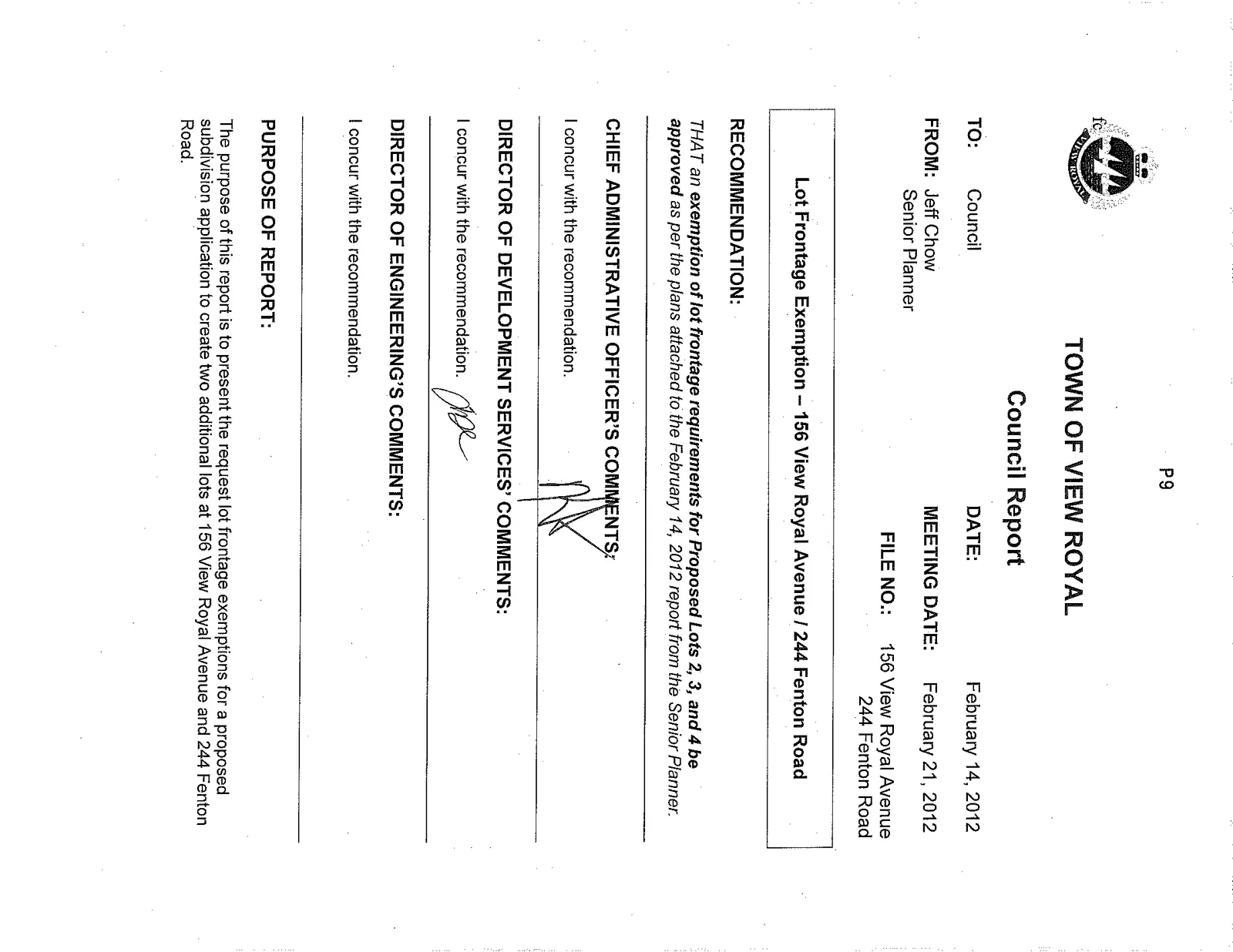 First page of the Council Report regarding lot frontage exemptions for 156 View Royal Avenue and 244 Fenton Road