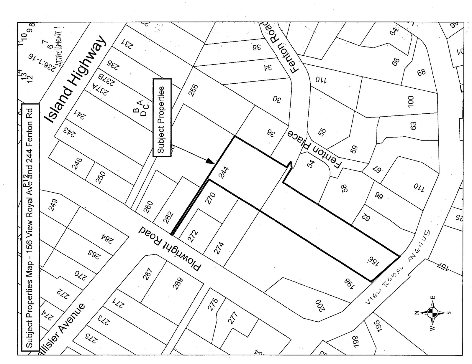 Cadastral map showing the subject properties at 156 View Royal Avenue and 244 Fenton Road. The properties are outlined in bold black, with an arrow pointing from a "Subject Properties" label to the area. Surrounding streets include View Royal Avenue, Fenton Place, Fenton Road, Plowright Road, Pallisier Avenue, and Island Highway.