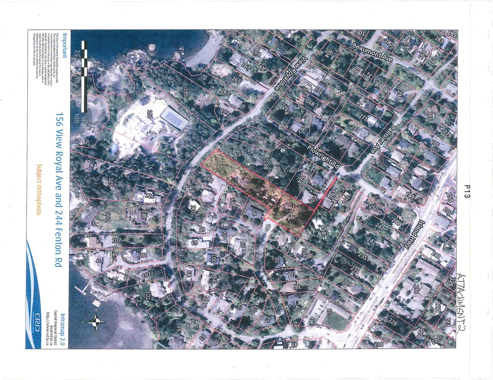 Aerial orthophoto showing property boundaries, building footprints, and street labels for View Royal Ave, Fenton Rd, Plowright Rd, and Island Hwy
