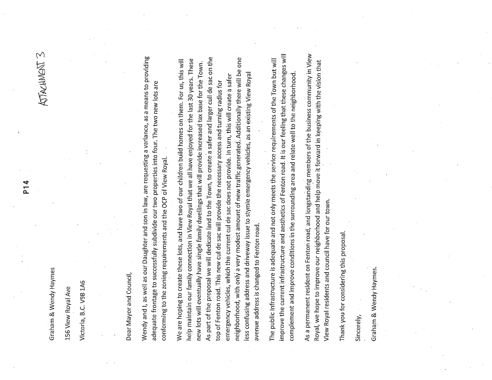 Letter from Graham & Wendy Haymes regarding a lot frontage variance request for 156 View Royal Ave and 244 Fenton Road