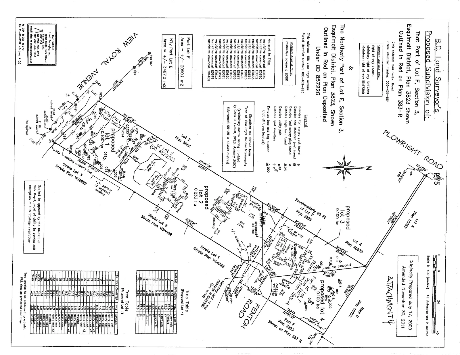 Detailed survey plan illustrating the proposed subdivision of 156 View Royal Avenue and 244 Fenton Road into four distinct lots, showing site topography, existing dwellings, proposed lot lines, road dedications on Fenton Road, and significant tree locations.