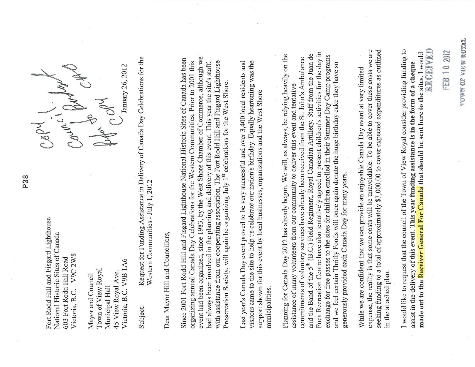 First page of the funding request letter from Fort Rodd Hill and Fisgard Lighthouse National Historic Sites of Canada