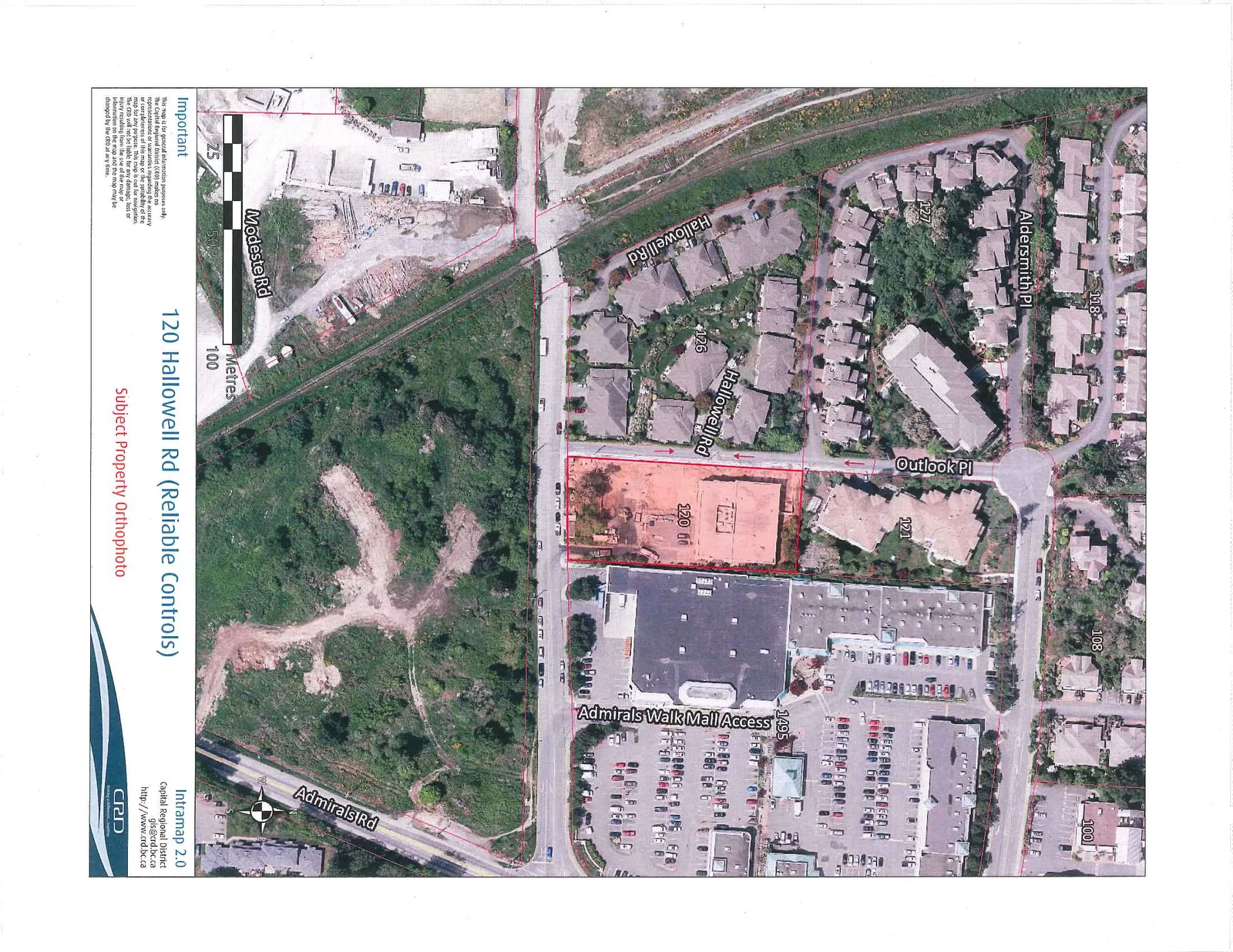 Aerial orthophoto centered on the subject property at 120 Hallowell Rd, which is outlined in red. Surrounding streets include Aldersmith Pl, Outlook Pl, Hallowell Rd, Modeste Rd, Admirals Rd, and Admirals Walk Mall Access. Nearby addresses shown include 118, 108, 100, 127, 121, 126, and 1495. A scale bar indicates a distance of 0 to 100 Metres.