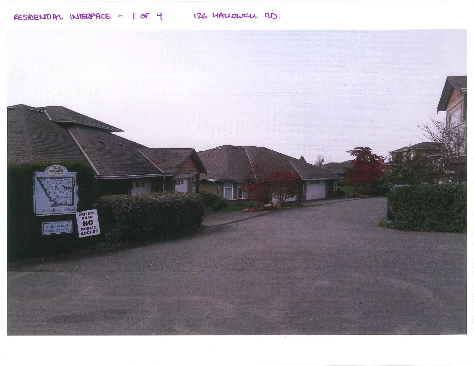 Entrance to the residential complex at 126 Hallowell Road, featuring a sign for units 21 to 27 and a "PRIVATE ROAD NO PUBLIC ACCESS" notice.