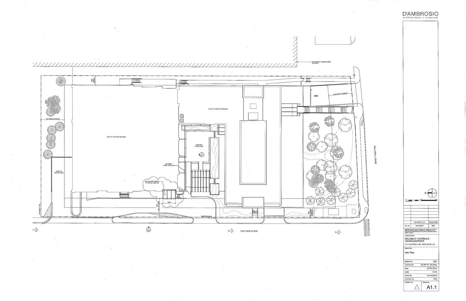Architectural site plan for Reliable Controls Headquarters located at 120 Hallowell Rd., View Royal BC. The plan illustrates the footprint of the existing building, showing a "New Glazed Canopy to Match Existing," an "Existing Steel Trellis," and an "Existing Courtyard." The site is bordered by Hallowell Road and Outlook Place, with 7500 front and rear setbacks indicated. The plan also identifies a "Property Line" and an "Outline of Neighbouring Building."
