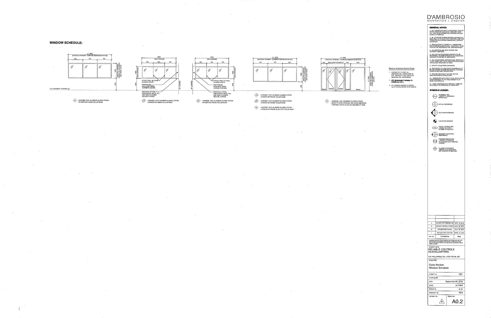 Architectural drawing showing five window elevations and one door/window assembly elevation, labeled W1, W2, W3, W4, W5, and W7, along with general notes and a title block.