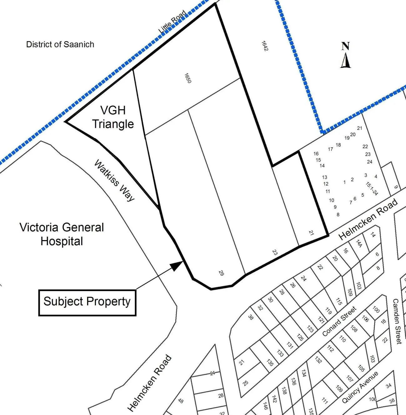 Subject Property Map showing the project location bounded by Little Road, Watkiss Way, and Helmcken Road, adjacent to the Victoria General Hospital and the VGH Triangle.