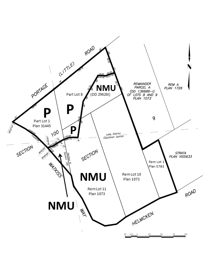 Sketch plan map showing land use amendments for properties bounded by Portage (Little) Road, Watkiss Way, and Helmcken Road, detailing designations for Part Lot 1 Plan 31445, Part Lot 8 (DD 29626I), Rem Lot 11 Plan 1073, and other adjacent parcels as either Parks (P) or Neighbourhood Mixed Use (NMU).