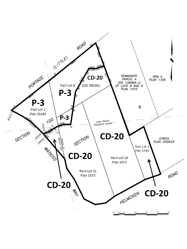 Zoning map identifying land parcels to be rezoned to CD-20 and P-3, bounded by Portage (Little) Road, Watkiss Way, and Helmcken Road. The map shows Rem Lot 10 Plan 1073, Rem Lot 11 Plan 1073, and Rem Lot 1 Plan 5783 rezoned to CD-20, and portions of Part Lot 1 Plan 31445 and Part Lot 8 DD 29626I rezoned to P-3.