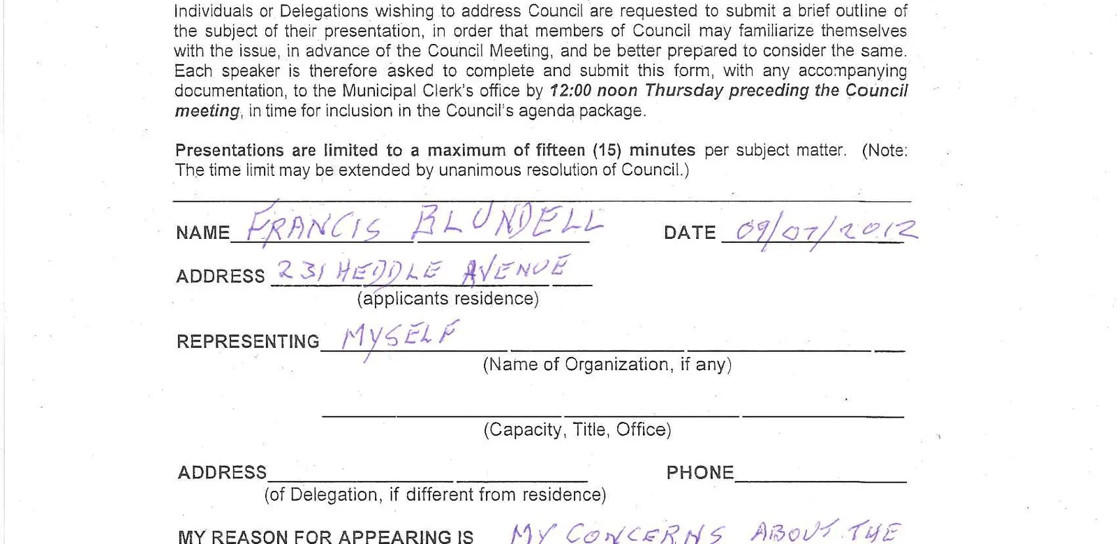 Middle section of the form showing name, address, and representation fields