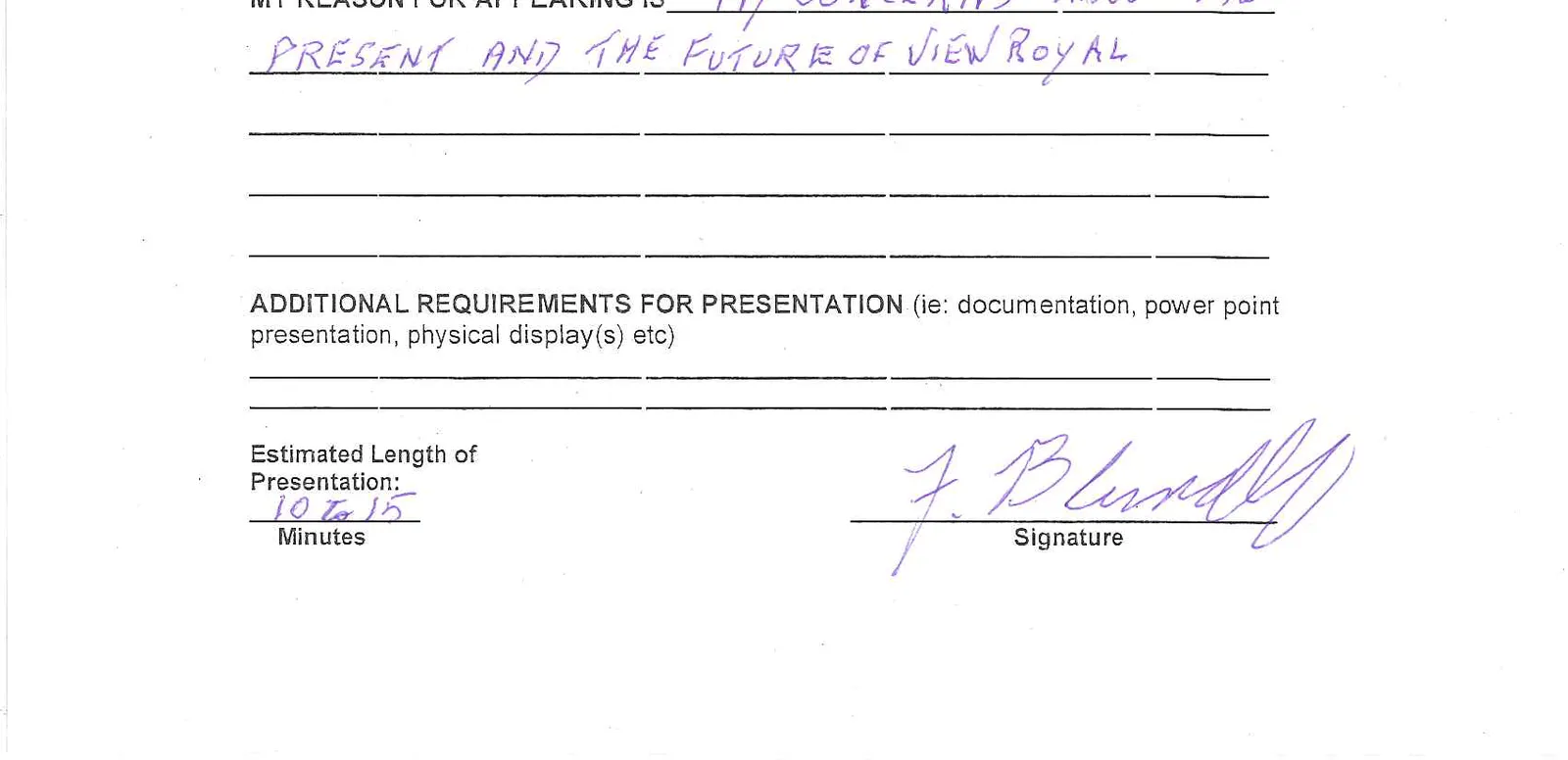 Bottom section of the form showing the reason for appearing and presentation requirements