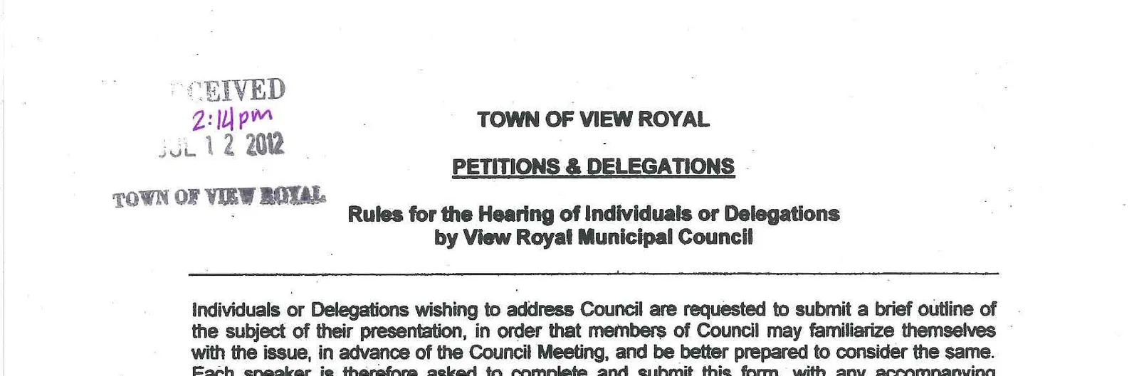 Top section of Petitions & Delegations form containing rules and instructions