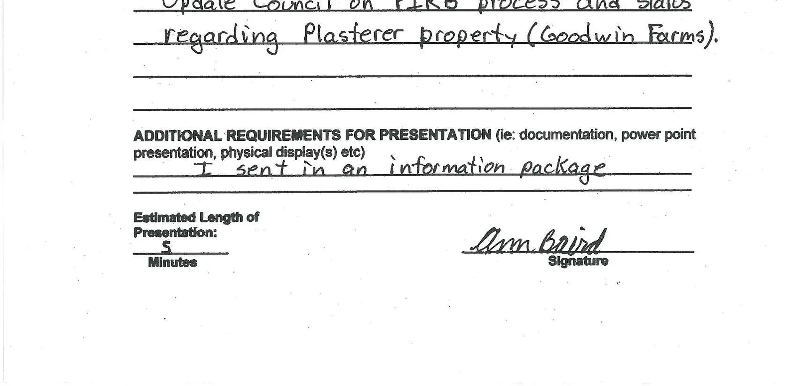 Bottom section of form showing the reason for appearing and presentation details