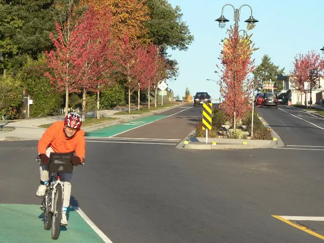 Photo of cyclists on a residential street with landscaped boulevards