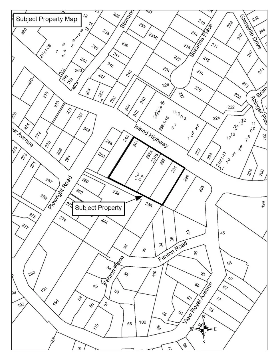 Subject Property Map showing a sketch plan of the properties at 231, 235, 237A, 237B, and 241 Island Highway and the surrounding street network including Island Highway, Plowright Road, Fenton Road, Suzanne Place, and Glenairlie Drive.