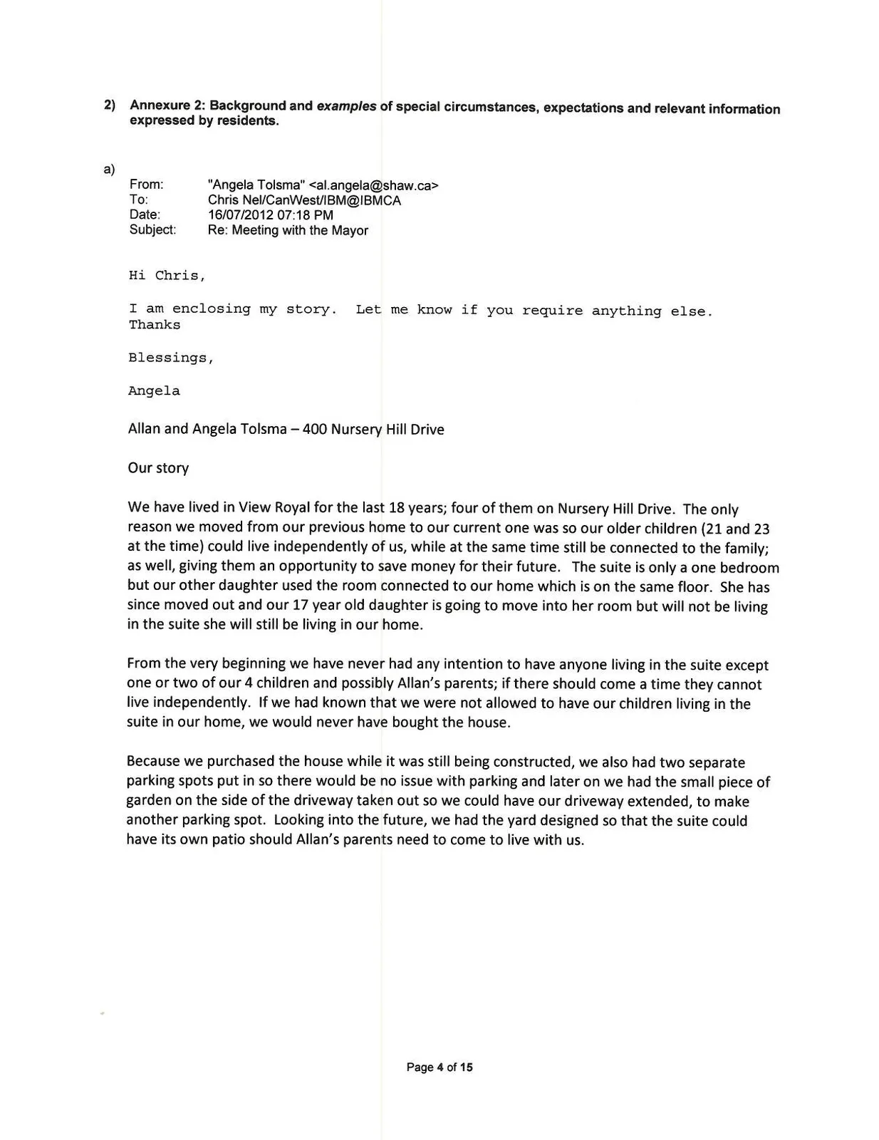 Email from Angela Tolsma regarding 400 Nursery Hill Drive