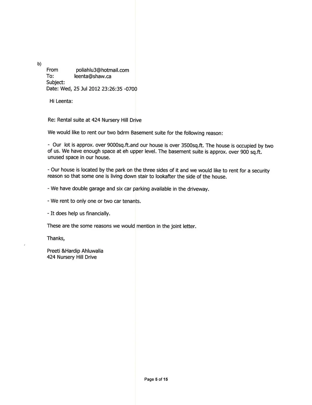 Email from Preeti & Hardip Ahluwalia regarding 424 Nursery Hill Drive