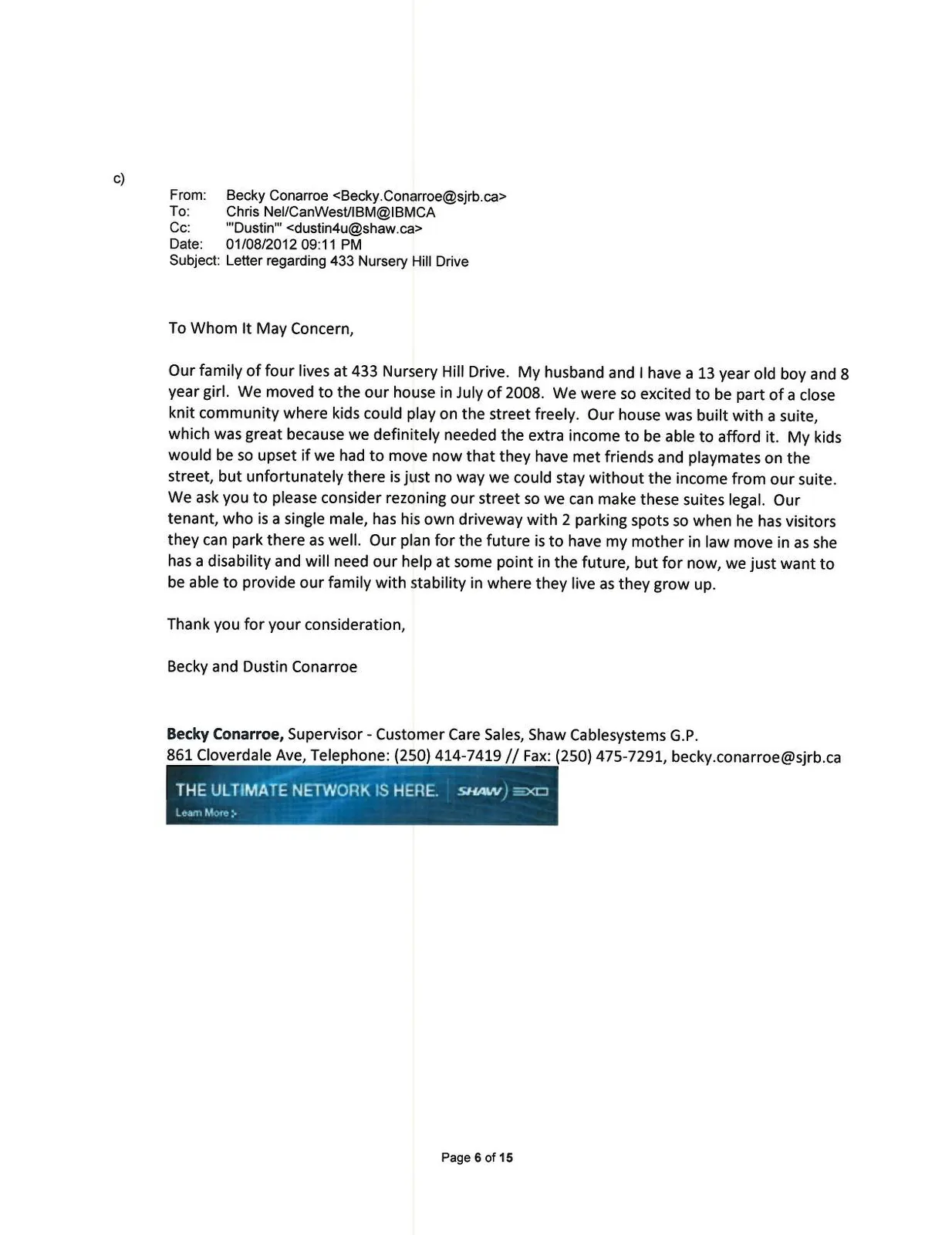 Email from Becky Conarroe regarding 433 Nursery Hill Drive