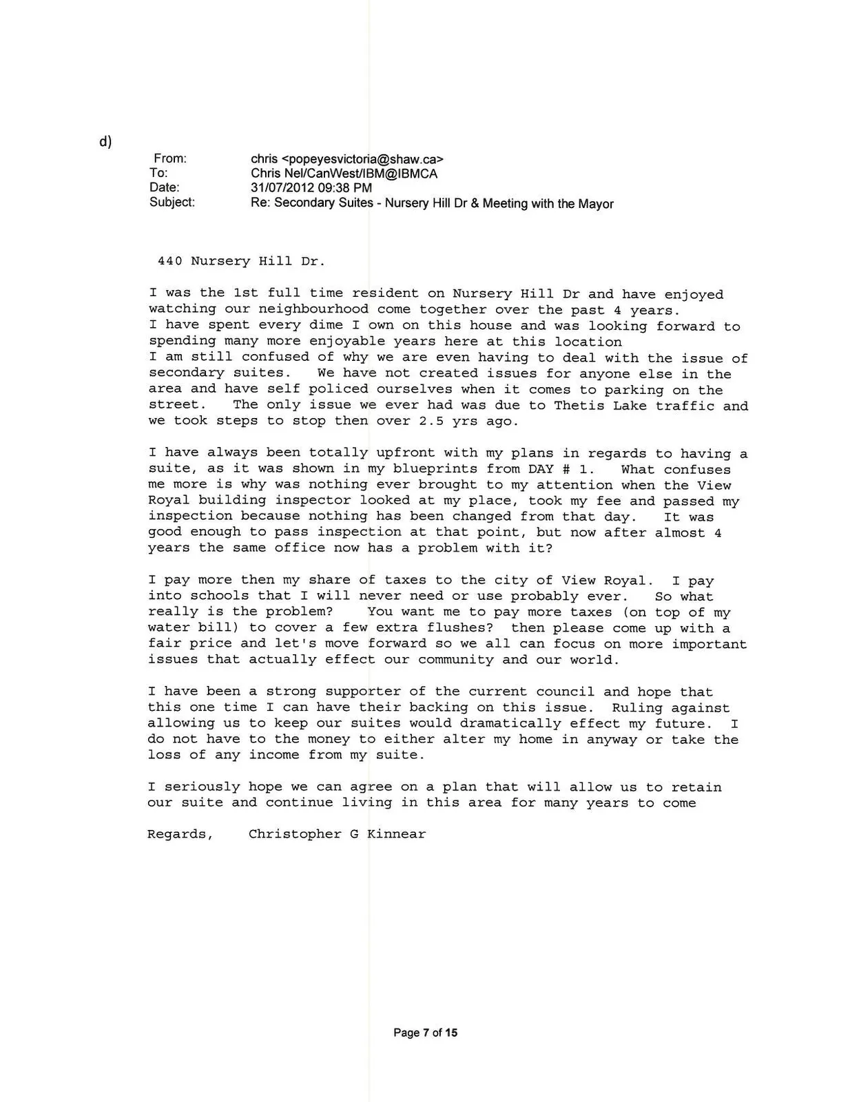 Email from Christopher G Kinnear regarding 440 Nursery Hill Drive