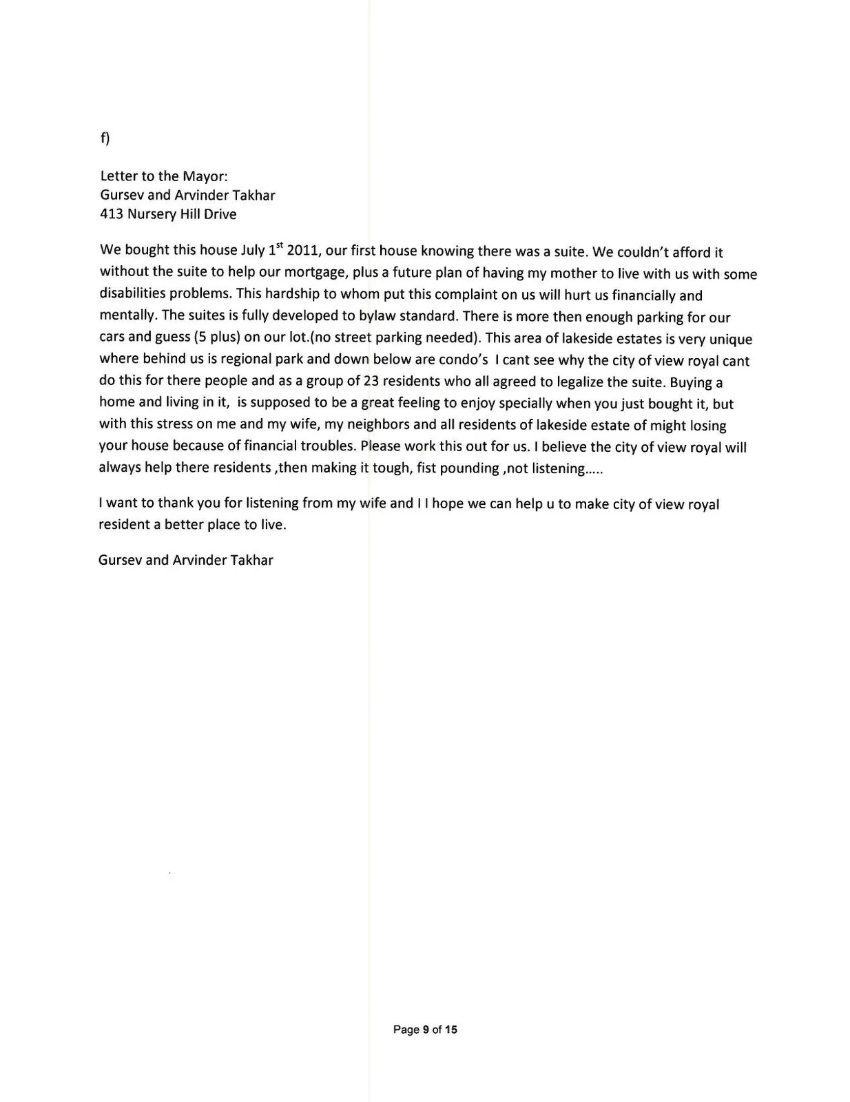 Letter from Gursev and Arvinder Takhar regarding 413 Nursery Hill Drive