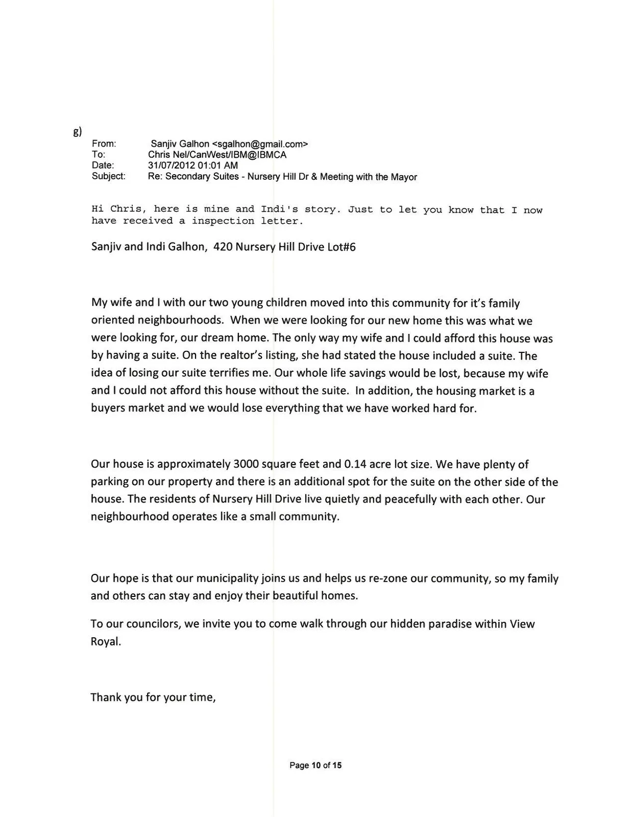 Email from Sanjiv and Indi Galhon regarding 420 Nursery Hill Drive