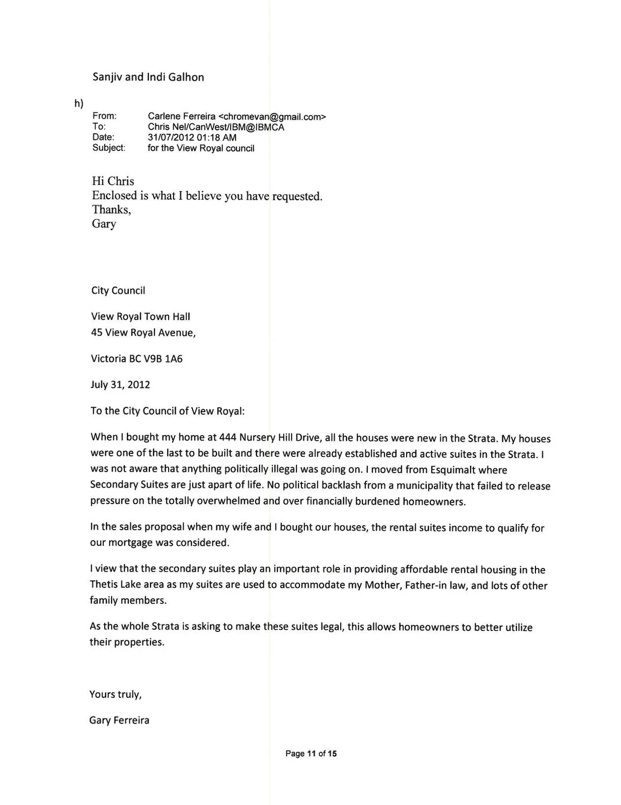 Email from Gary Ferreira regarding 444 Nursery Hill Drive