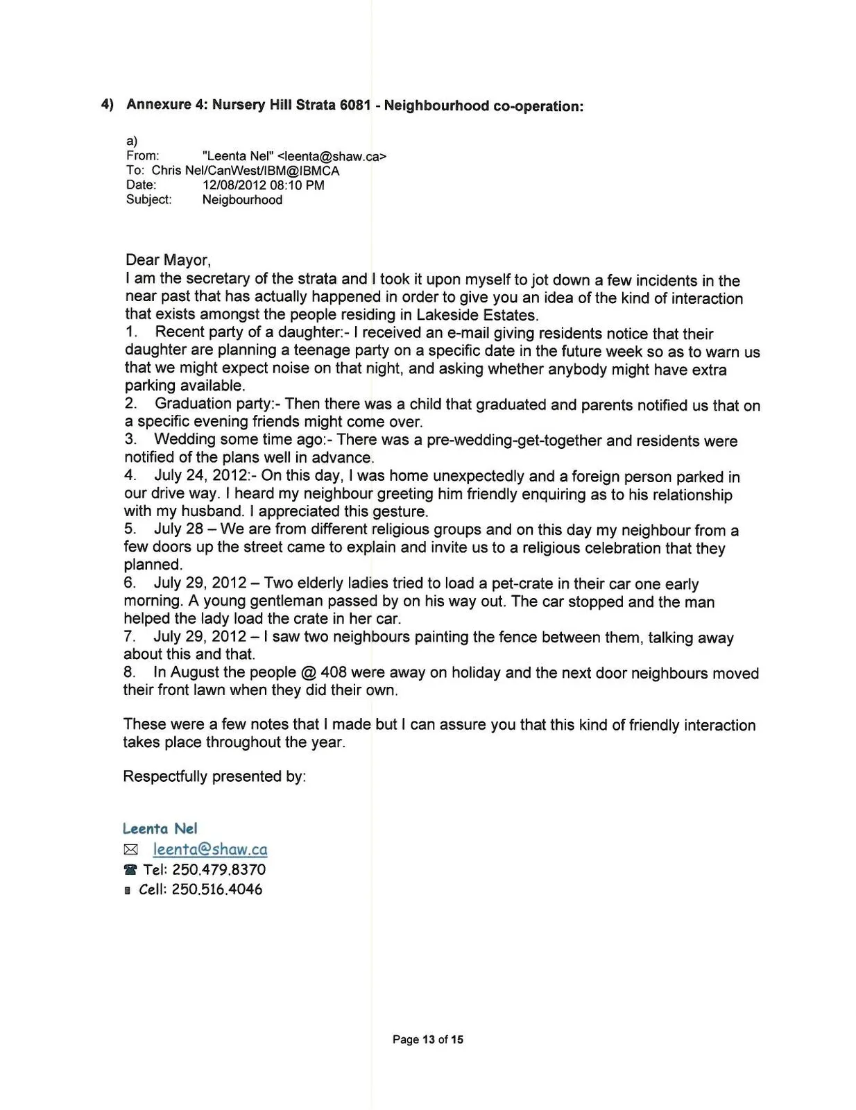 Letter from Leenta Nel to the Mayor regarding neighbourhood co-operation