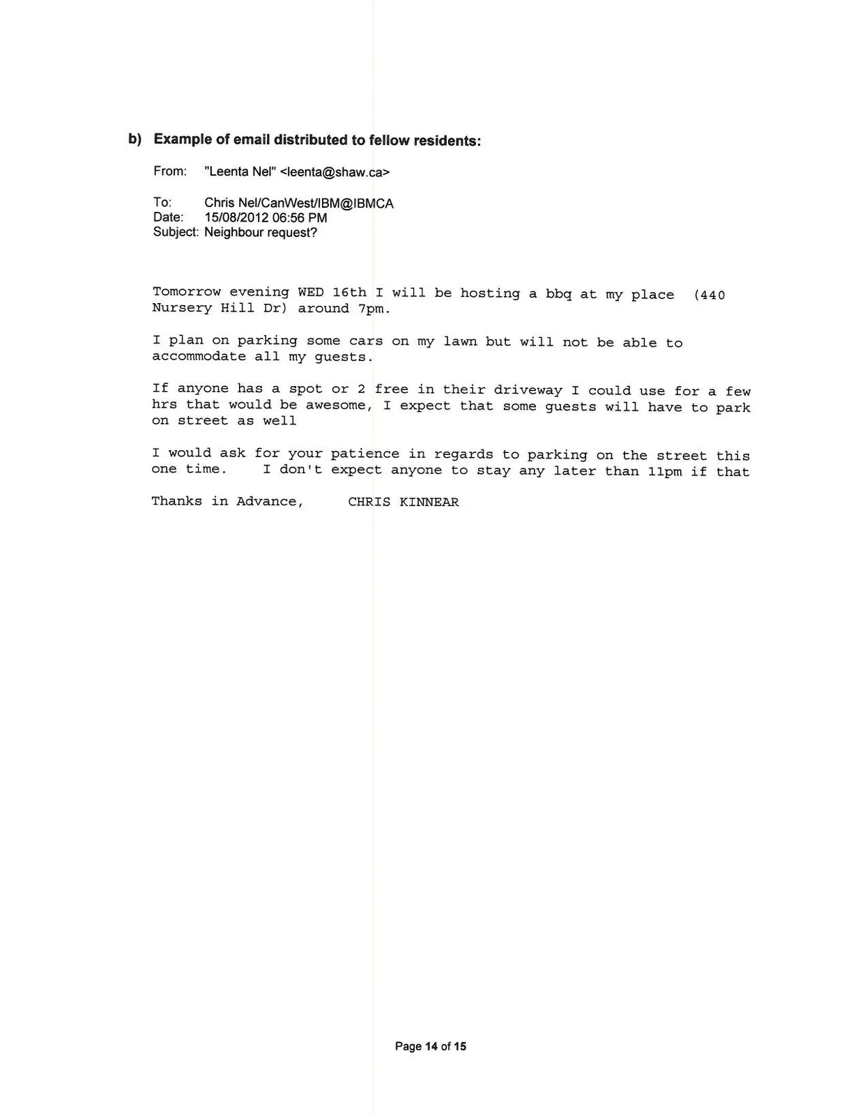 Example email from Chris Kinnear regarding a neighborhood parking request